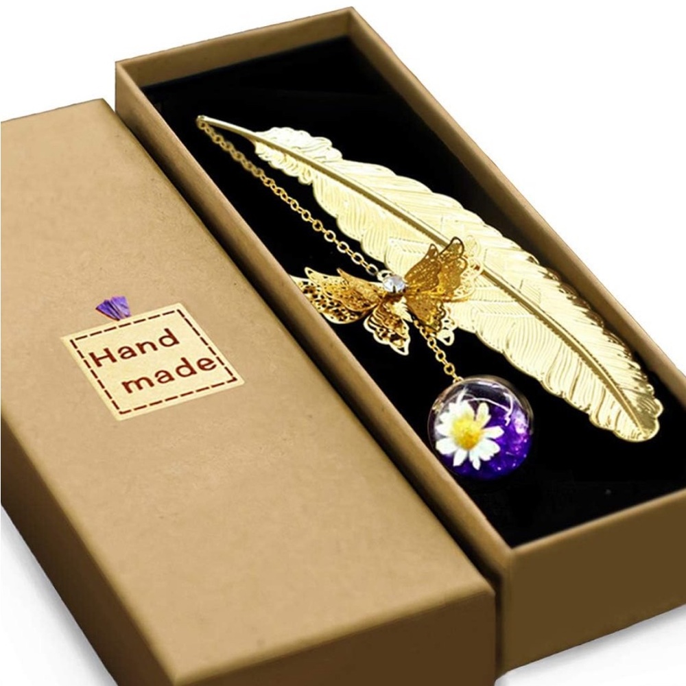 NIB Gold and purple metal Feather bookmark with butterfly 🦋 and charm